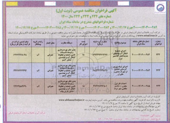 فراخوان مناقصه اجرای خطوط انتقال آب چاههای جدیدالحفر 