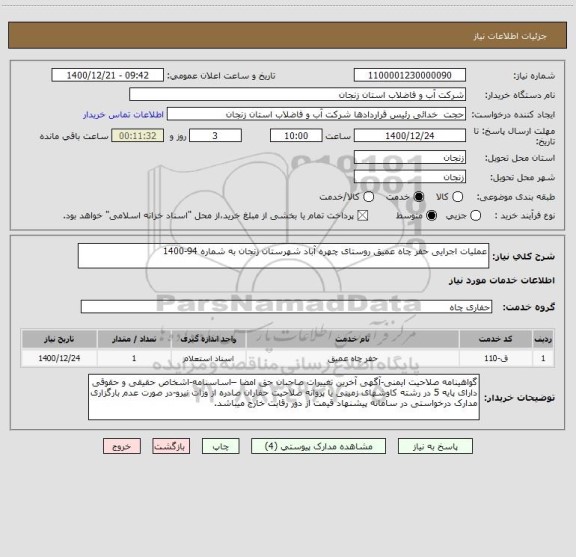 استعلام عملیات اجرایی حفر چاه عمیق روستای چهره آباد شهرستان زنجان به شماره 94-1400