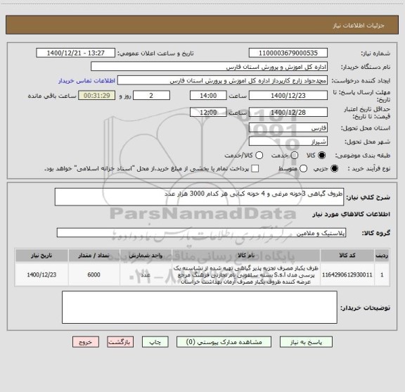 استعلام طروف گیاهی 3خونه مرغی و 4 خونه کبابی هر کدام 3000 هزار عدد