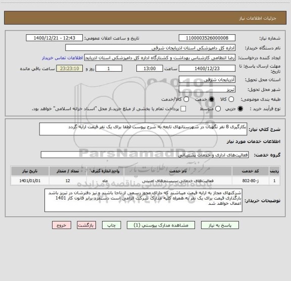 استعلام بکارگیری 8 نفر نگهبان در شهرستانهای تابعه به شرح پیوست لطفا برای یک نفر قیمت ارایه گردد