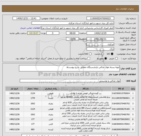 استعلام تهیه بسته مواد غذائی بازنشستگان مطابق شرح پیوستa