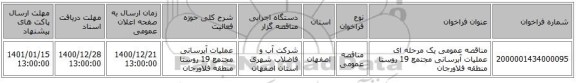 مناقصه عمومی یک مرحله ای عملیات آبرسانی مجتمع 19 روستا منطقه فلاورجان