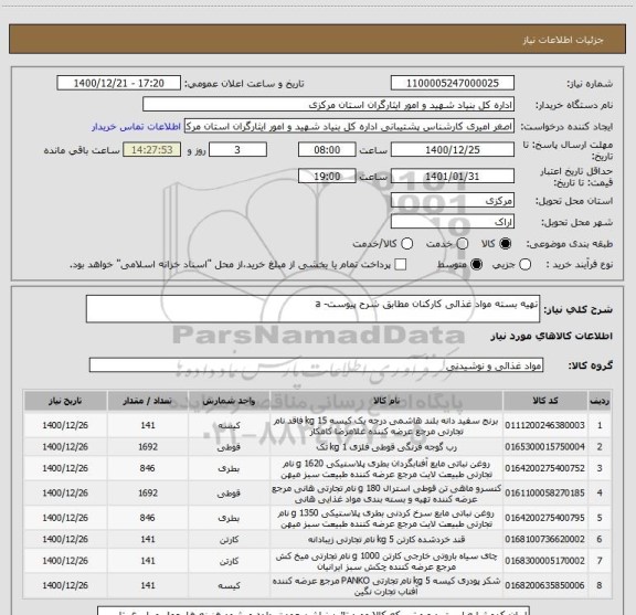 استعلام تهیه بسته مواد غذائی کارکنان مطابق شرح پیوست- a