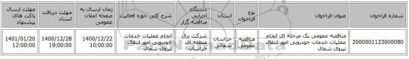 مناقصه عمومی یک مرحله ای انجام عملیات خدمات خودرویی امور انتقال نیروی شمال