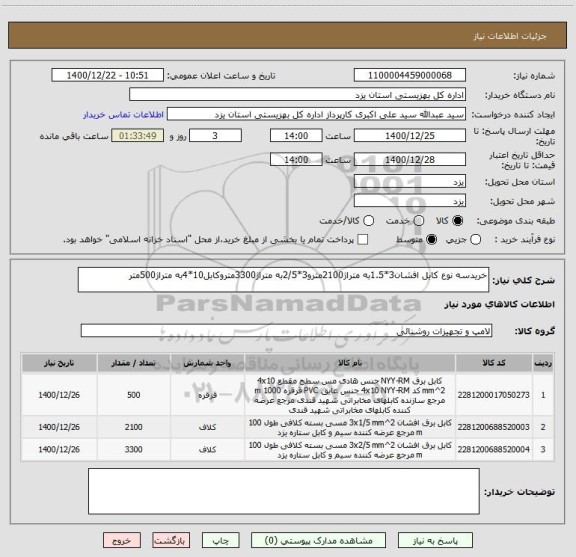 استعلام خریدسه نوع کابل افشان3*1.5به متراژ2100مترو3*2/5به متراژ3300متروکابل10*4به متراژ500متر