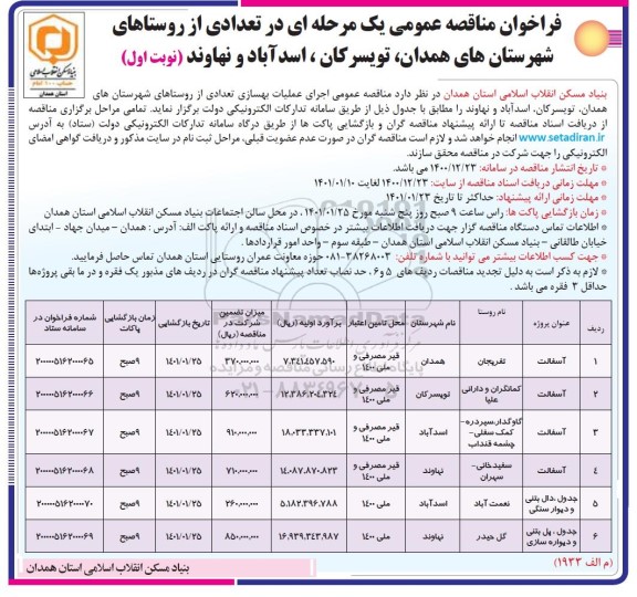 مناقصه، مناقصه عمومی اجرای عملیات بهسازی تعدادی از روستاهای... 