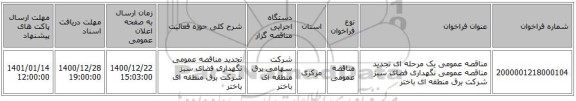 مناقصه عمومی یک مرحله ای تجدید مناقصه عمومی نگهداری فضای سبز شرکت برق منطقه ای باختر 