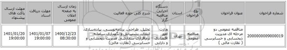 مناقصه عمومی دو مرحله ای  مدیریت ذیحسابی و حسابرسی ( نظارت مالی )