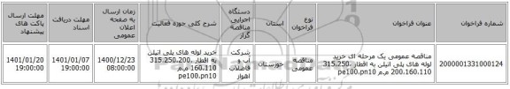 مناقصه عمومی یک مرحله ای خرید لوله های پلی اتیلن به اقطار 315،250،200،160،110 م.م pe100،pn10