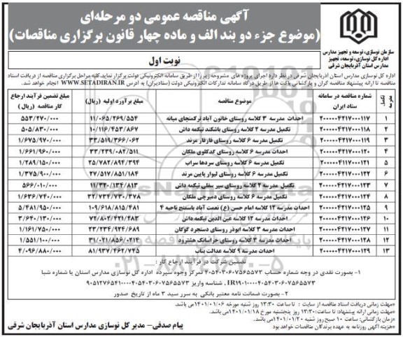 مناقصه، مناقصه عمومی احداث مدرسه 3 کلاسه روستای...