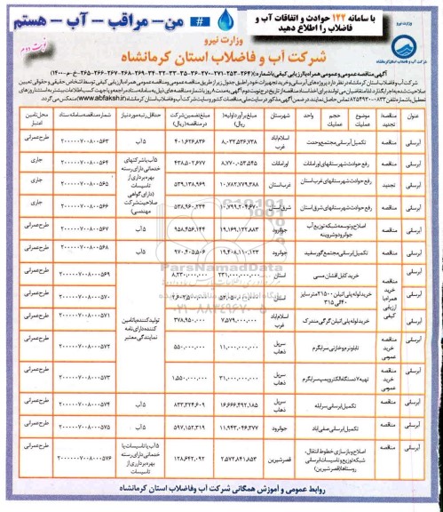 مناقصه تکمیل آبرسانی مجتمع - نوبت دوم 