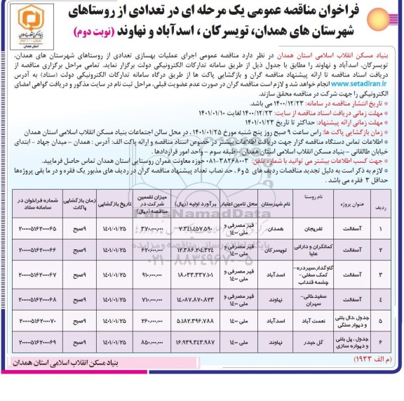 مناقصه اجرای عملیات بهسازی تعدادی از روستاهای... نوبت دوم 