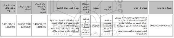 مناقصه عمومی همزمان با ارزیابی (فشرده) دو مرحله ای خرید و اجرای تجهیزات سامانه نظارت تصویری و انتقال تصاویر شیرخانه های فلمن،اشترجان،قهدریجان،نجف آباد،فلاورجا