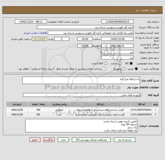 استعلام ران و فیله مرغ تازه