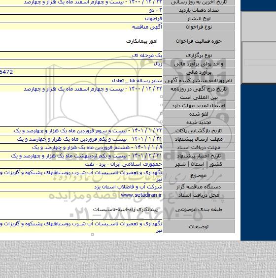 نگهداری و تعمیرات تاسیسات آب شرب روستاههای پشتکوه و گاریزات و حسین آباد نیر