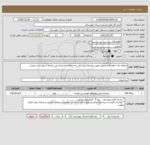 استعلام حفاری یک حلقه چاه عمیق جهت بهسازی آبرسانی به منطقه عشایری غرب کرخه شهرستان شوش