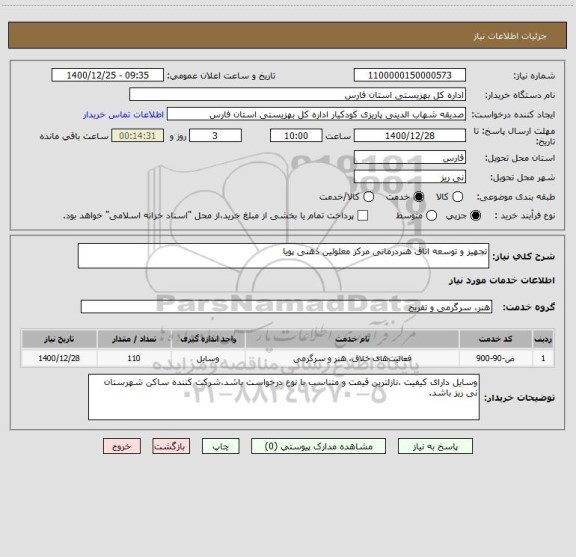 استعلام تجهیز و توسعه اتاق هنردرمانی مرکز معلولین ذهنی پویا