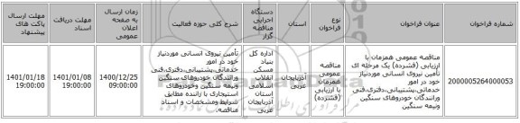 مناقصه عمومی همزمان با ارزیابی (فشرده) یک مرحله ای تأمین نیروی انسانی موردنیاز خود در امور خدماتی،پشتیبانی،دفتری،فنی ورانندگان خودروهای سنگین ونیمه سنگین