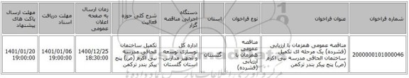 مناقصه عمومی همزمان با ارزیابی (فشرده) یک مرحله ای تکمیل ساختمان الحاقی مدرسه نبی اکرم (ص) پنج پیکر بندر ترکمن