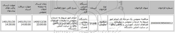 مناقصه عمومی یک مرحله ای انجام امور مربوط به خدمات عمومی و تنظیفات فضاهای اداری، آموزشی و رفاهی واقع در سایت اصلی دانشگاه 