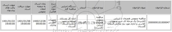 مناقصه عمومی همزمان با ارزیابی (فشرده) یک مرحله ای خرید تجهیزات کلاسی و اداری مورد نیاز مدارس استان گلستان 