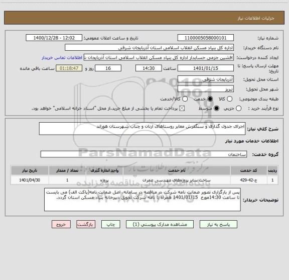 استعلام اجرای جدول گذاری و سنگفرش معابر روستاهای ارنان و چناب شهرستان هوراند